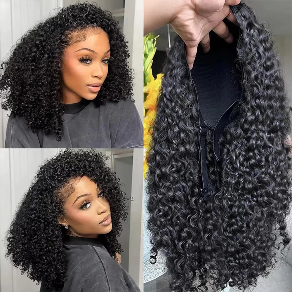 Kinky Curly 3 In 1 Half Wig Upgrade Headband Wig With Drawstring Seamless Clip In Curly Wig No Leave Out Machine Made