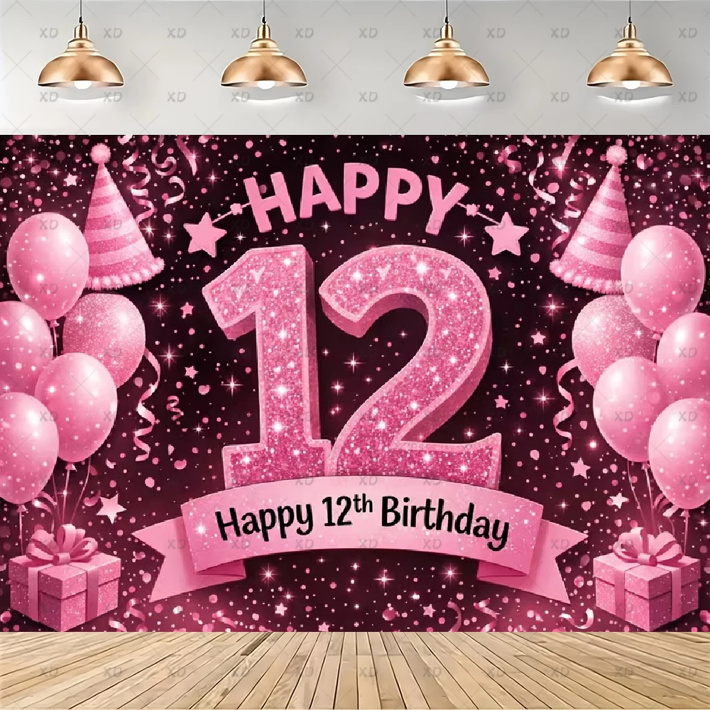Happy 12th Birthday Party Decoration Background Glitter Balloons Gifts 12 Year Old Photography Backdrop Photo Booth Banner Props