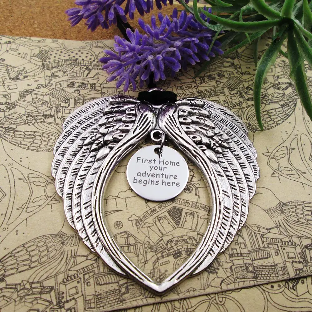

First Home Your Adventure Begins Angel Wings Rear View Mirror Charm Custom Car Hanging Ornament Car Accessories For Safe Stylish