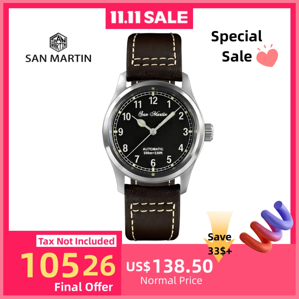 Reloj San Martin Pilot para hombre, movimiento mecánico automático 8215, resistente al agua, 10bar, relojes de buceo, reloj de pulsera luminoso SN0034B