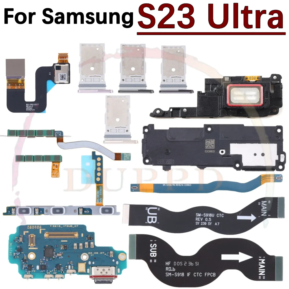 Charging Port Board For Samsung S23 Ultra Loudspeaker Ringer Buzzer Fingerprint Sensor On/Off Volume LCD Motherboard Flex Cable