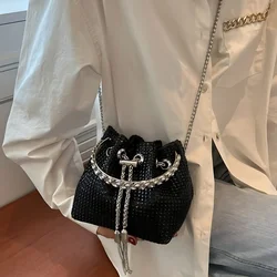 Full Shiny Rhinestone Bucket Bag Fashion Senior Drawstring Banquet Bag Ladies Evening Single Shoulder Chain Bag Crossbody