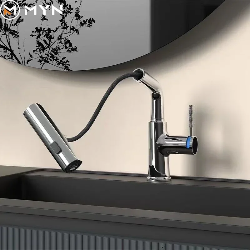 Tiktok New Trend Ivory Milky White Multifunction 360 Degree Rotating Waterfall  Basin Faucet  Bathroom Pull Out Basin Water Tap image 2