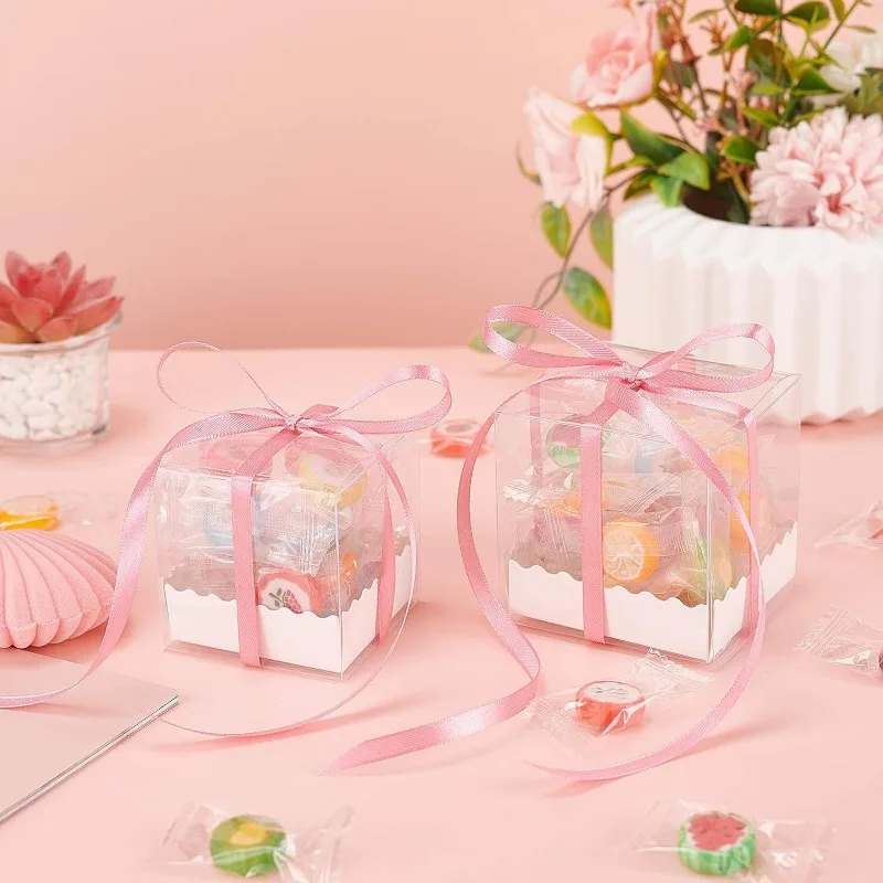 20 Packs Clear Plastic Gift Boxes with Paper Pedestal Transparent Favor Box for Candy Cookie Wedding and Baby Shower Party Treat