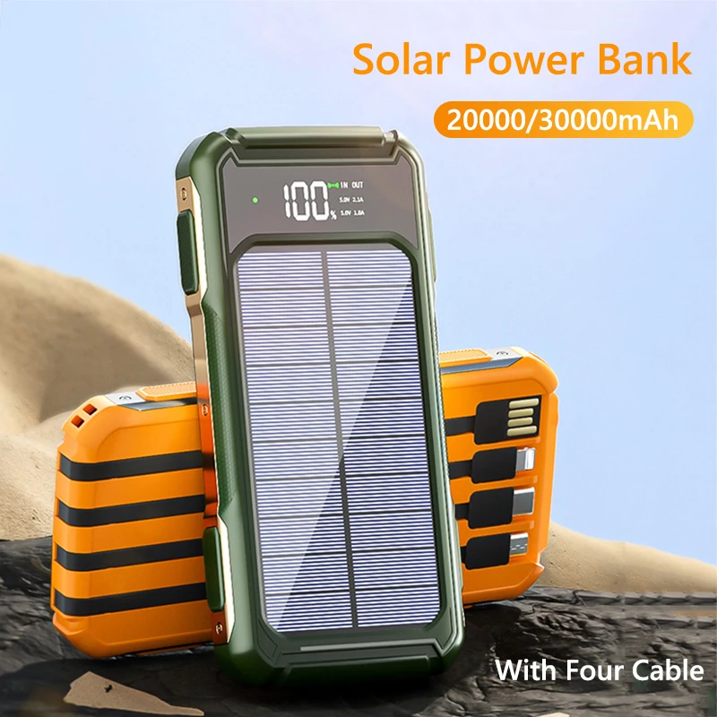 Solar Power Bank 20000mAh with 4 Cable Digital Portable Solar Charging Powerbank for iPhone 16 X Samsung Huawei Xiaomi Poverbank