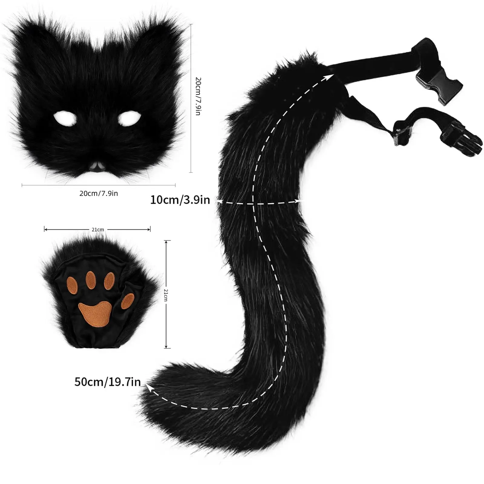 Girls Women Faux Fur Fox Tail Cat Wolf Cosplay Costume Set Plush Mask Fluffy Paw Gloves Halloween Christmas Party