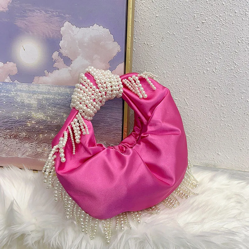 

FIRMRANCH Texture Silky Satin Handmade Bead Tassel Design Knotted Temperament Women's Dinner Handbag Party Dress Purse Clutch