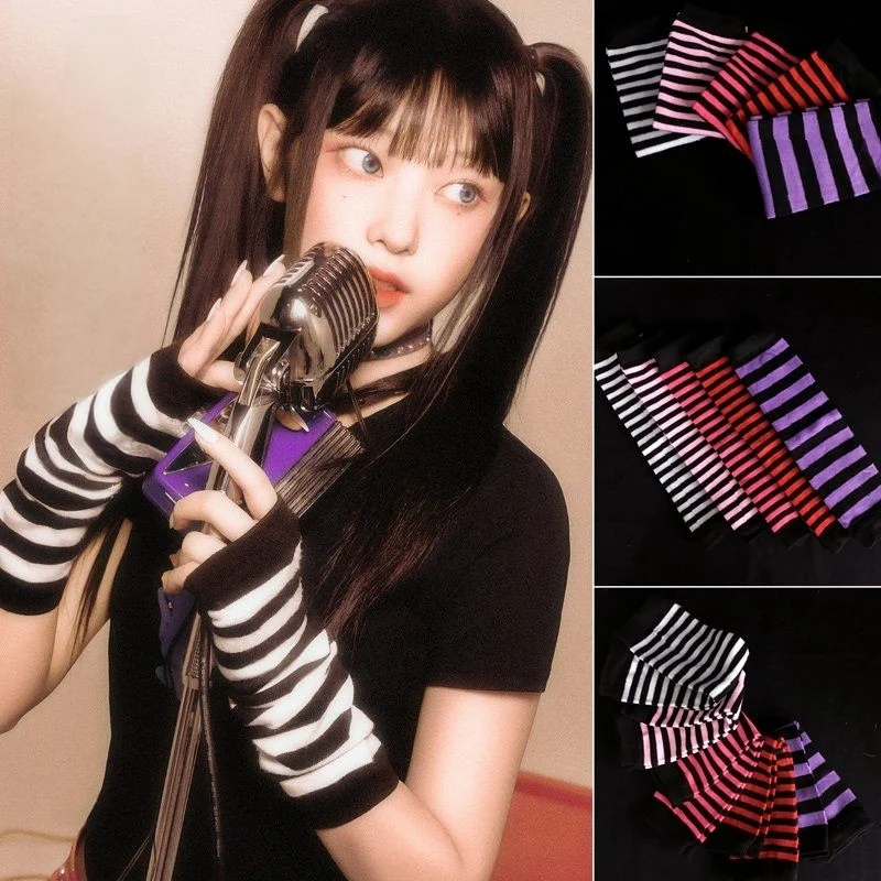 

Gothic Gloves Arm Cover Christmas Halloween Harajuku Arm Warmers Black Grey Striped Fingerless Punk Long Wristband Unisex Gloves