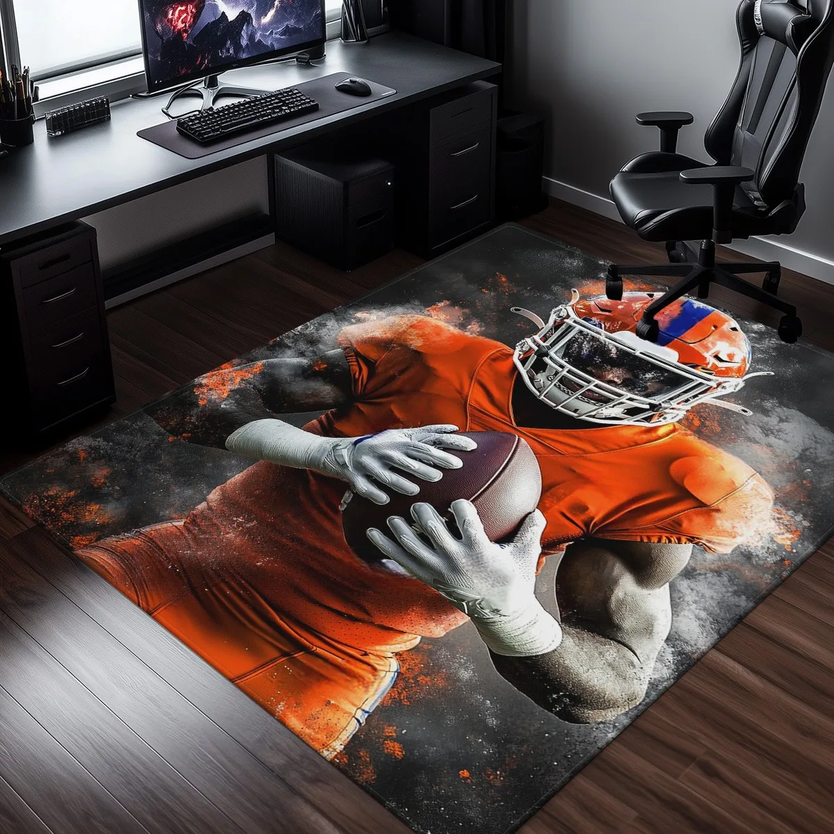 Football player action sports design rug game room carpet vibrant orange jersey football theme floor mat for gaming fans and