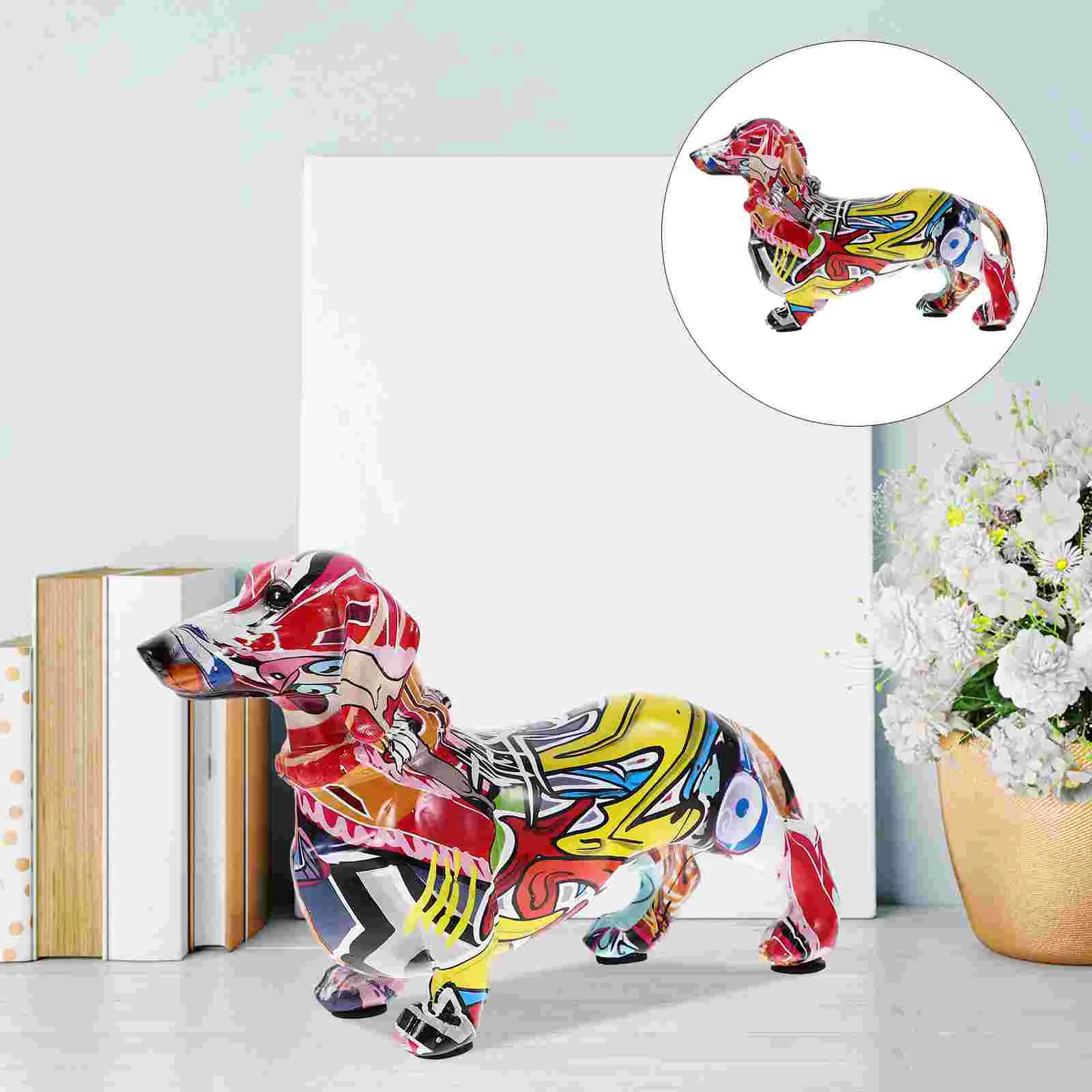 

Graffiti Animal Statues Creative Resin Craft Home Decorations Dachshund Ornament Carved Small Dog Model