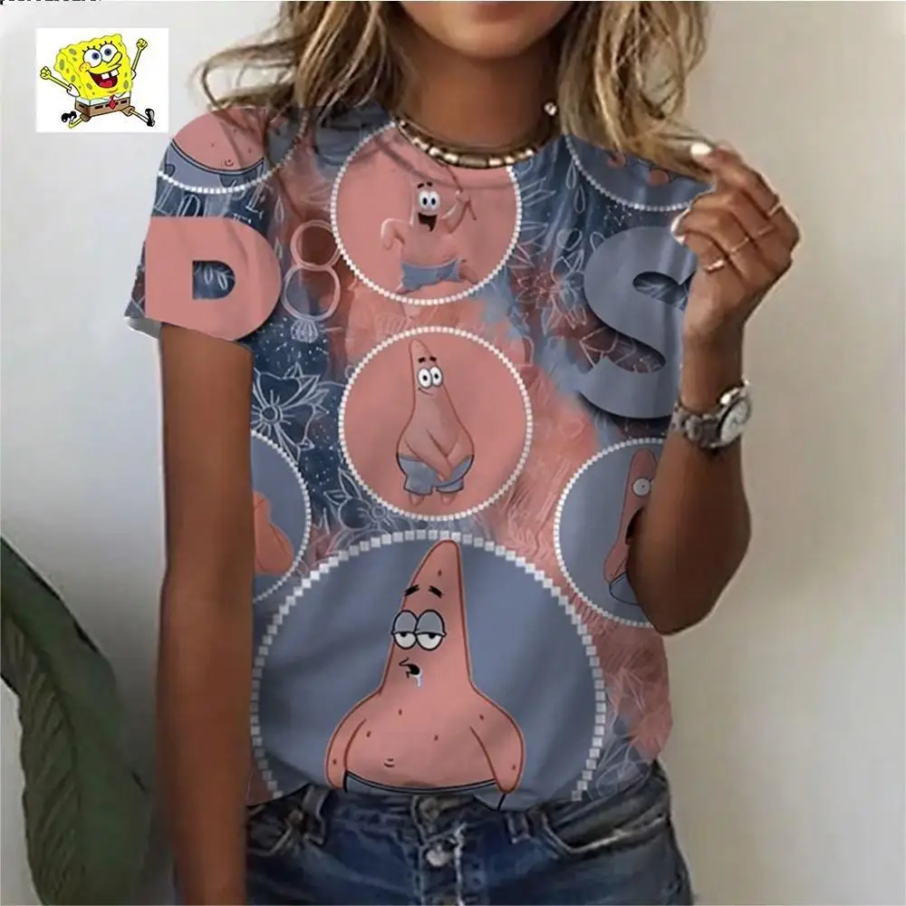 Fashionable and elegant ladies short-sleeved T-shirt 2024 Disney Spongebob cute 3D digital printed O-neck shirt