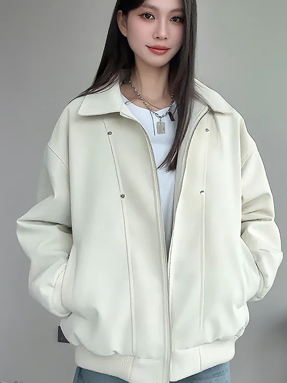 

Куртка-бомбер из искусственной кожи с отложным воротником, женская, модная, весенне-осенняя, ветрозащитная, с длинными рукавами, на молнии