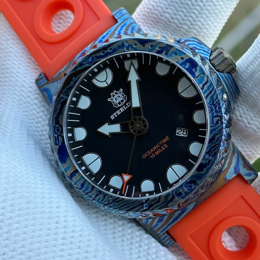 STEELDIVE 남자 딥 다이브 시계 자동 기계식 손목 시계 티타늄 다마스커스 케이스 1000ATM BGW-9 빛나는 사파이어 NH35