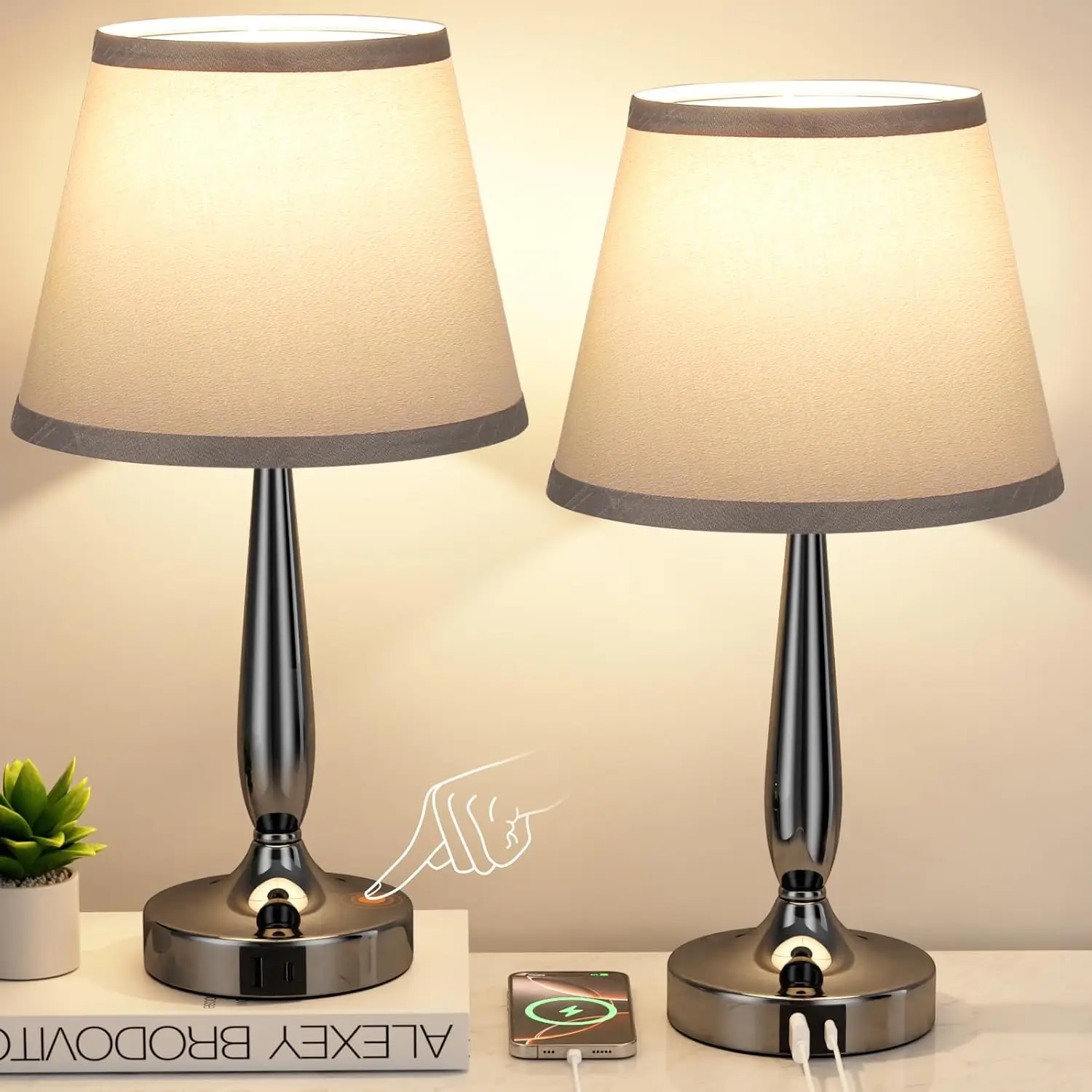 

Touch Table Lamp Set of 2 with USB C Charging, Dimmable Nightstand Lamps for Bedroom, LED Bulb Included