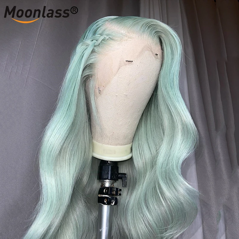 Perruque Lace Frontal Wig Body Wave brésilienne naturelle, cheveux lisses, gris ombré, bleu, 13x4