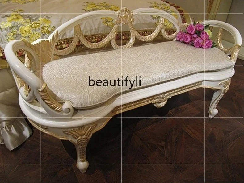 

European-style bedroom furniture, solid wood hand-carved fabric, bedside stool, bedroom sofa