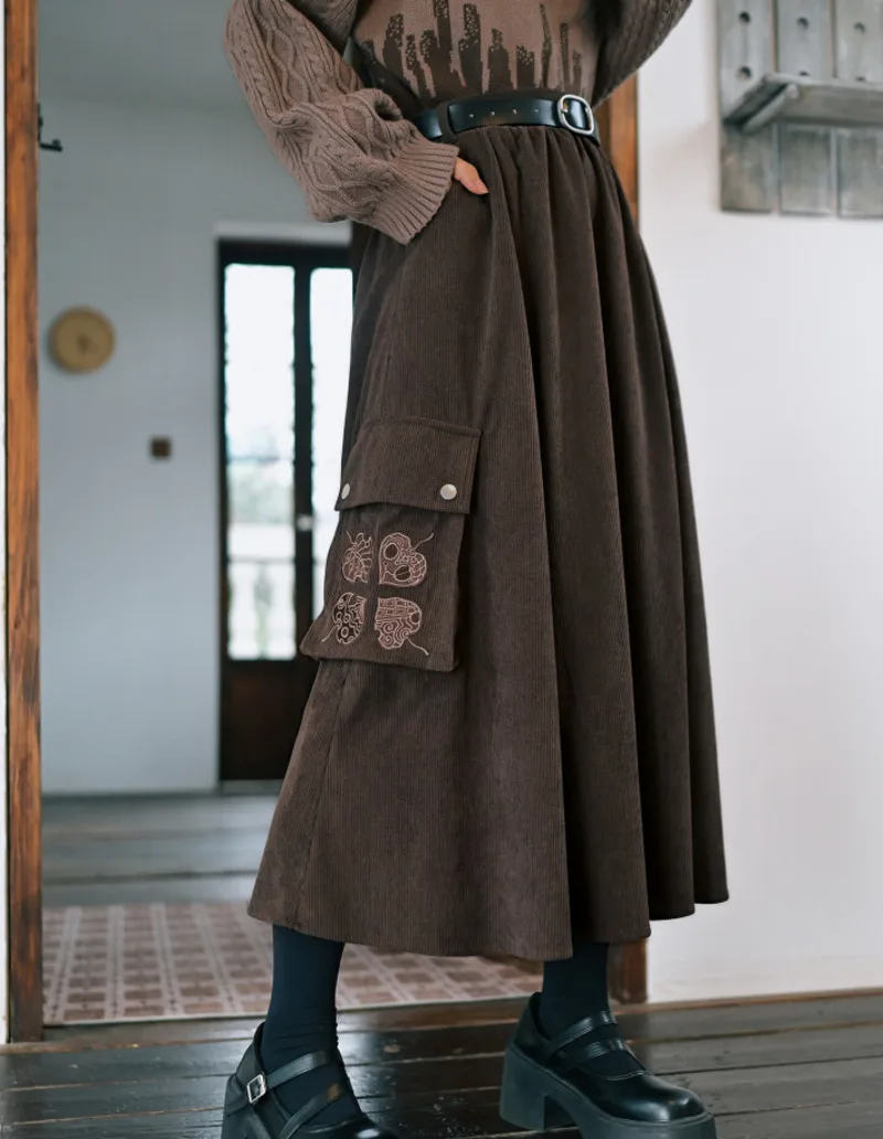 

New Brown Corduroy Skirt Women Drape Guofeng Embroidery A-line Skirt Fiesta Carnival Halloween Cos Cosplay