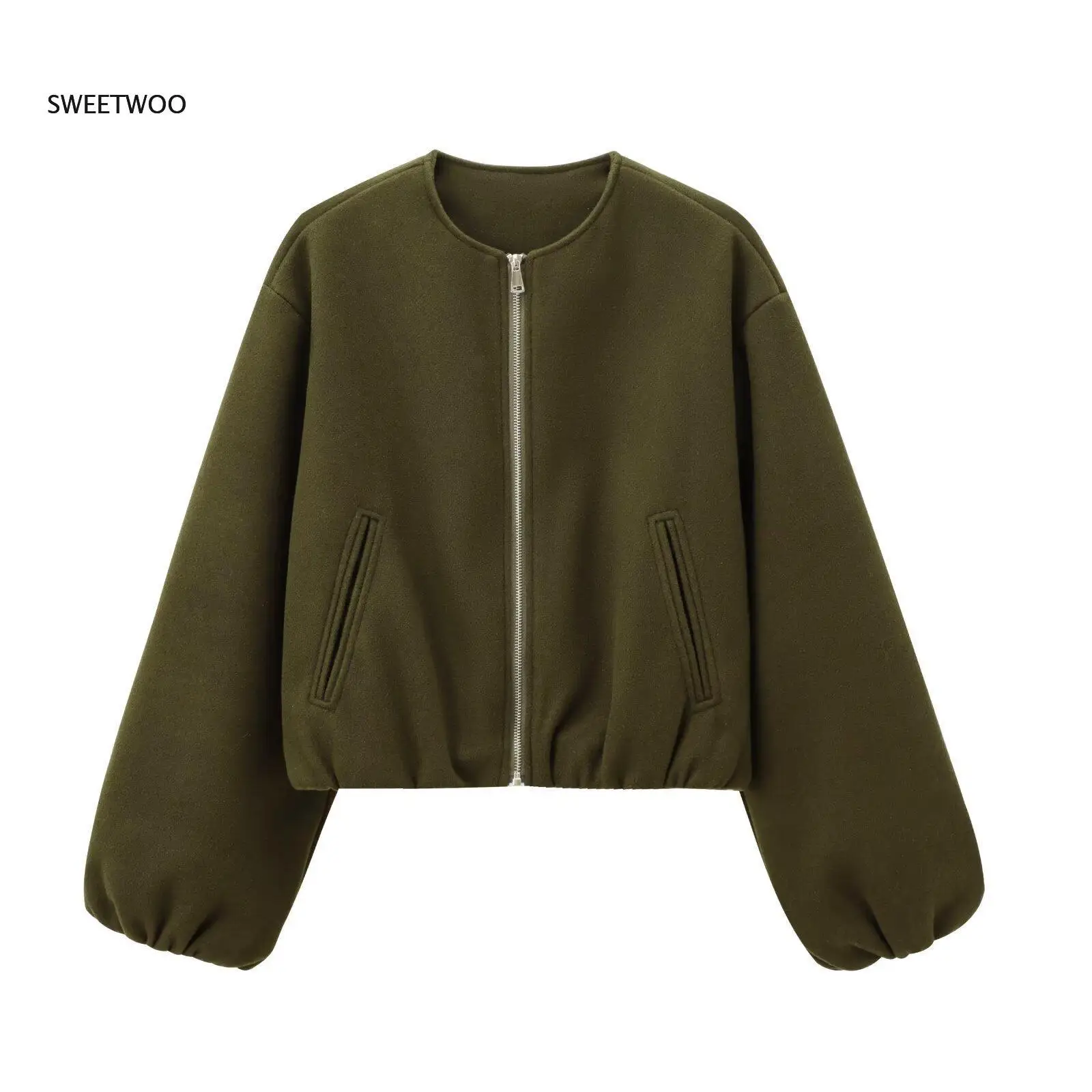 

Women's Soft Bomber Jacket - Retro Round Neck Long Sleeve Elastic Hem Zipper Autumn Winter Coat