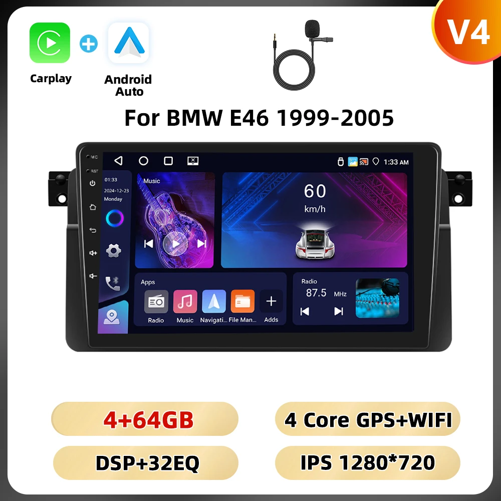 Podofo Carplay Android Auto Radio Voor Bmw E46 1999-2005 Multimedia Speler 8 128G 4G Wifi Ai Voice Spiegel Link Rds Autoradio