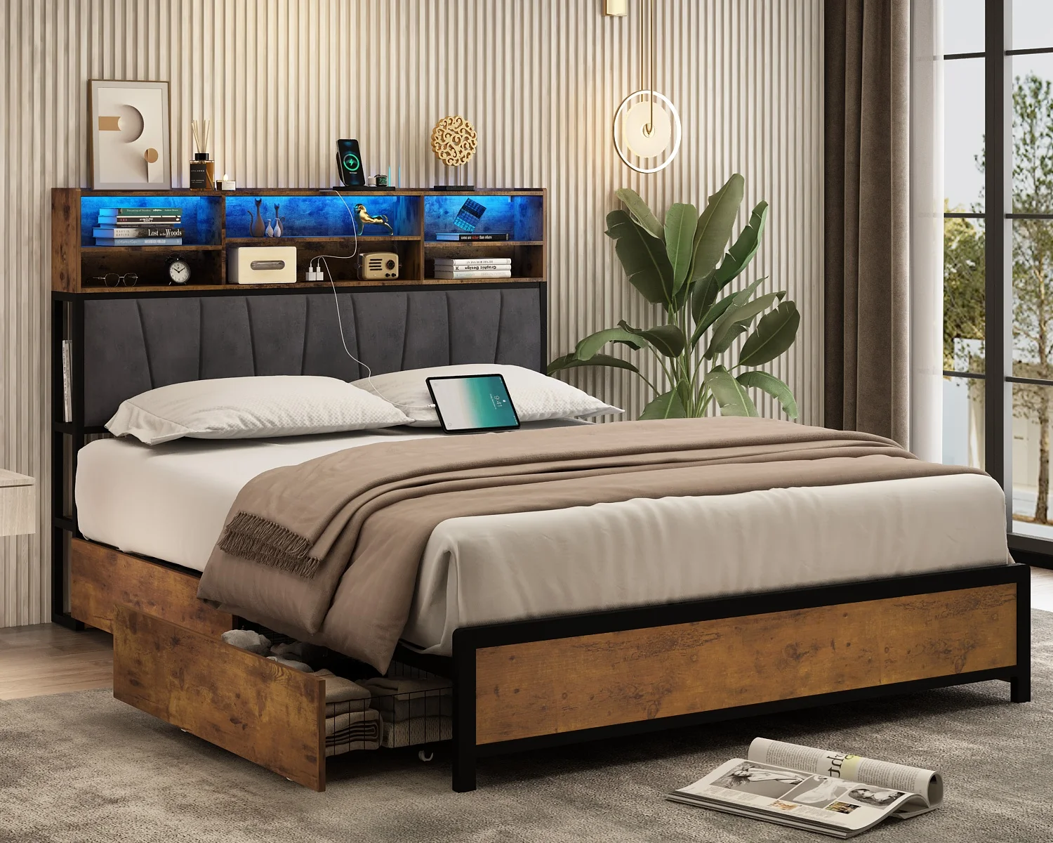 Queen/Full LED Bed Frame with Storage Headboard & 4 Drawers, Metal Platform Bed Frame with Charging Station, Vintage Brown