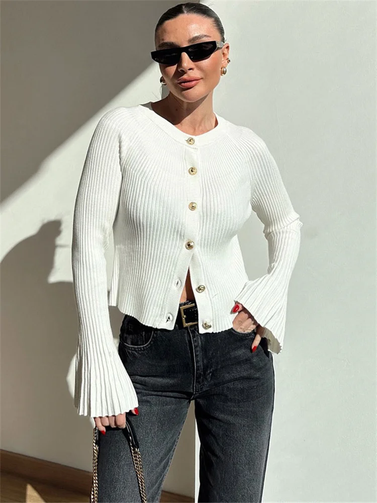 Tossy White Knitwear Ribbed Sweater Cardigan For Women Long Sleeve Loose Patchwork Solid Outwear Clothes Female Knit Cardigan
