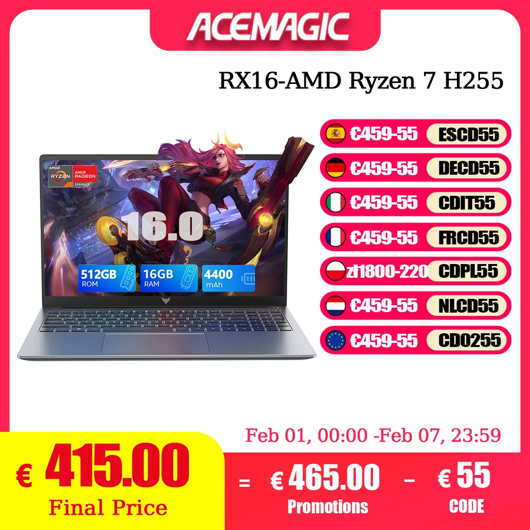 ACEMAGIC Laptop 16“ FHD Gaming Laptop AMD Ryzen 7 7735HS/H255 16GB RAM 512GB SSD Windows 11 Pro Notebook Verlichte toetsenbord Wifi6 BT5.2