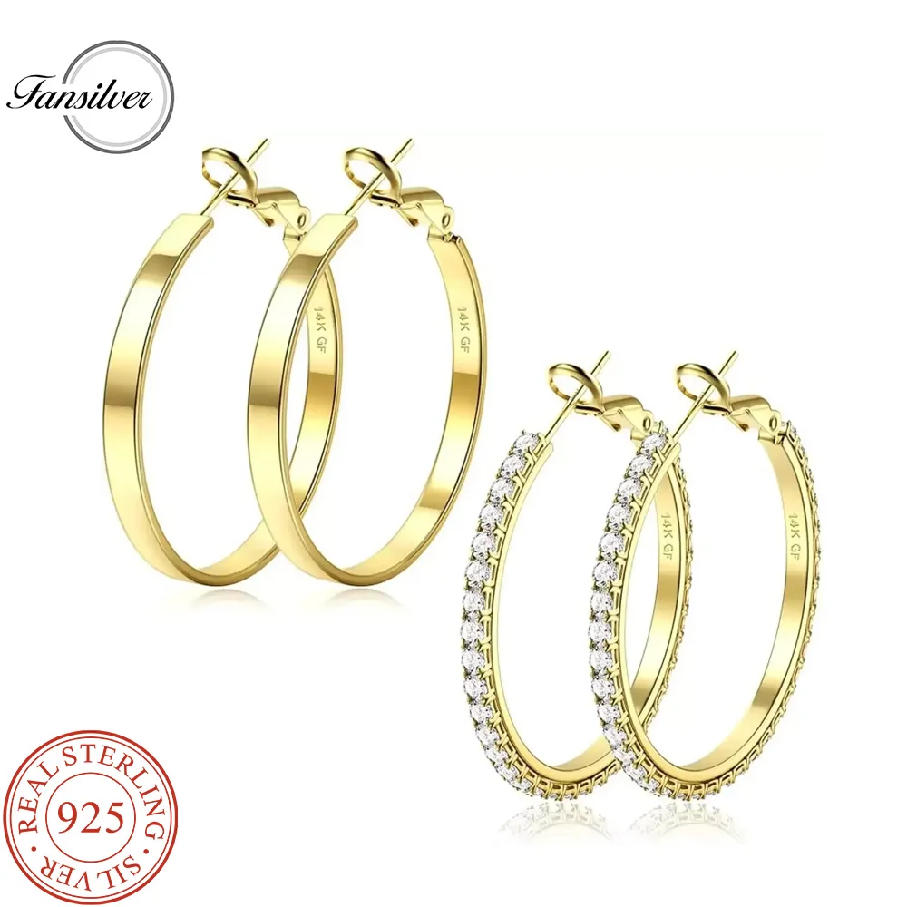 

Fansilver S925 Silver Earrings 14K Gold Plated Large Hoop Earrings for Women Elegant Vintage Lightweight Thin Big Hoops Set