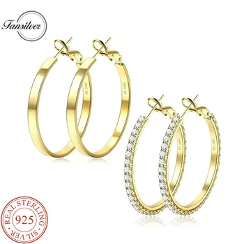 Fansilver 여성용 경량 후프 귀걸이, 얇은 대형 후프 세트, 14K 골드 충전, 925 스털링 실버, 2 쌍 