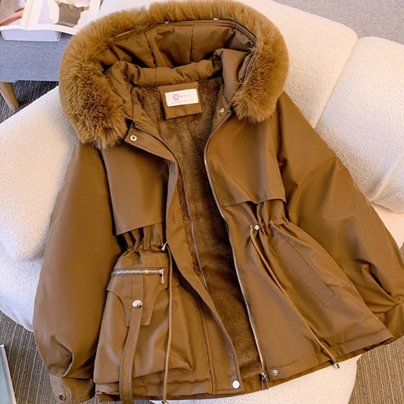 Fashion Faux Fur Collar Parkas for Women Adjustable Waist Parka Jacket Woman Winter Zipper Up Thicken Warm Outwear Female