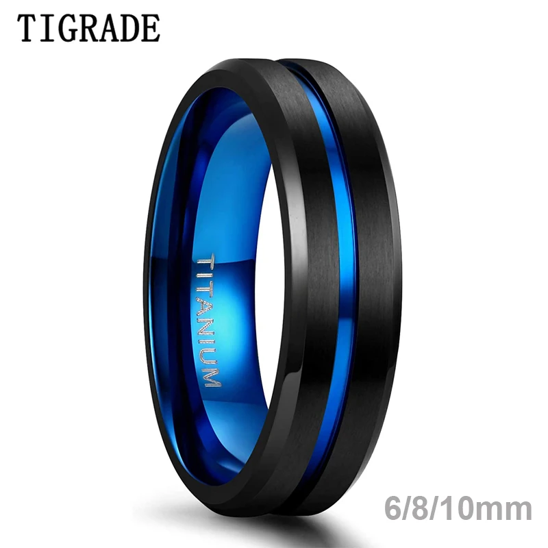 Tigrade Titanium Ring 6mm 8mm 10mm Black Blue Centre Groove Wedding Band Comfort Fit Matte for Men Women