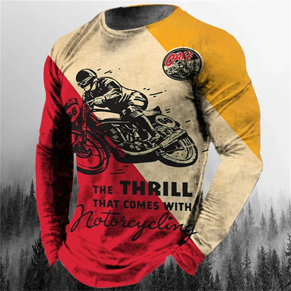 Fashion Retro Men's Long Sleeve T-shirt 3D Printed Motorcycle Style Printed Men's Casual Shabby Wind Round Neck Long Sleeve Tops