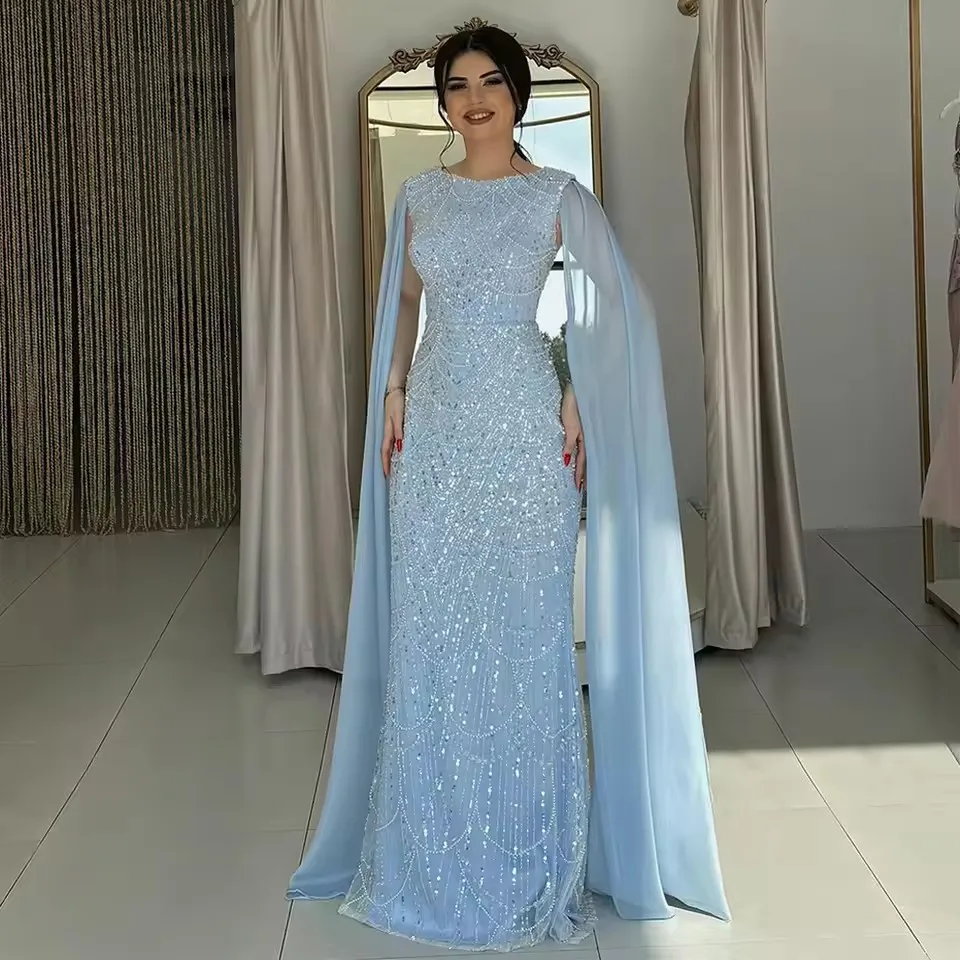 

2026 Luxury Evening Dresses Sky Blue Chiffon Sequins Beading Women Formal Wedding Party Gowns Wrap Saudi Arabic Dress Customized