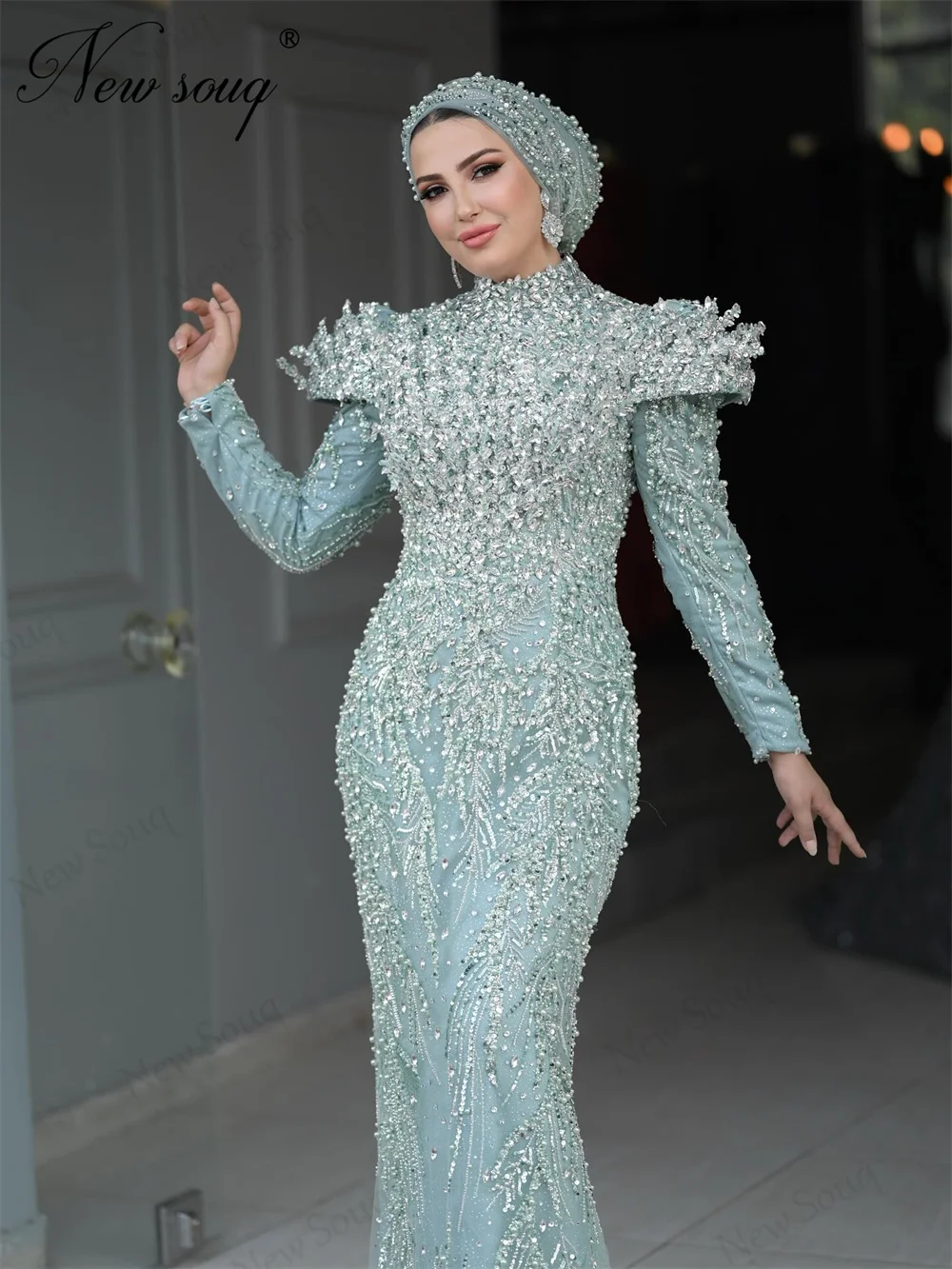 2 Stile Mintgrüne Perlen Abendkleider Arabische Kristalle Meerjungfrau Formelles Anlasskleid Hochzeitsfeier Empfangskleider Maßgeschneidert