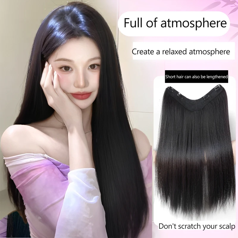 

Women's Black Long Straight Hair Extension Pieces Lightweight V-Shaped Invisible Seamless Hair Extensions Easy to Wear And Remov