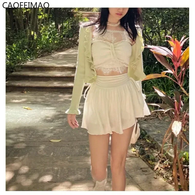 

Caofeimao Women Skirts Sexy Fashion White Short Skirt Drawstring Fold High Waist Irregular Ruffle Stitch Fairy Short Skirt 2025