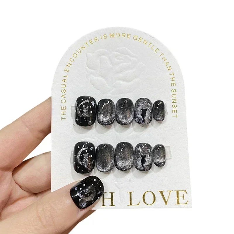 10Pcs Black Handmade Press On Nails Short Round Head Cat Eye Design Full Cover Fake Nails Artificial Wearable Manicure Nail Tips