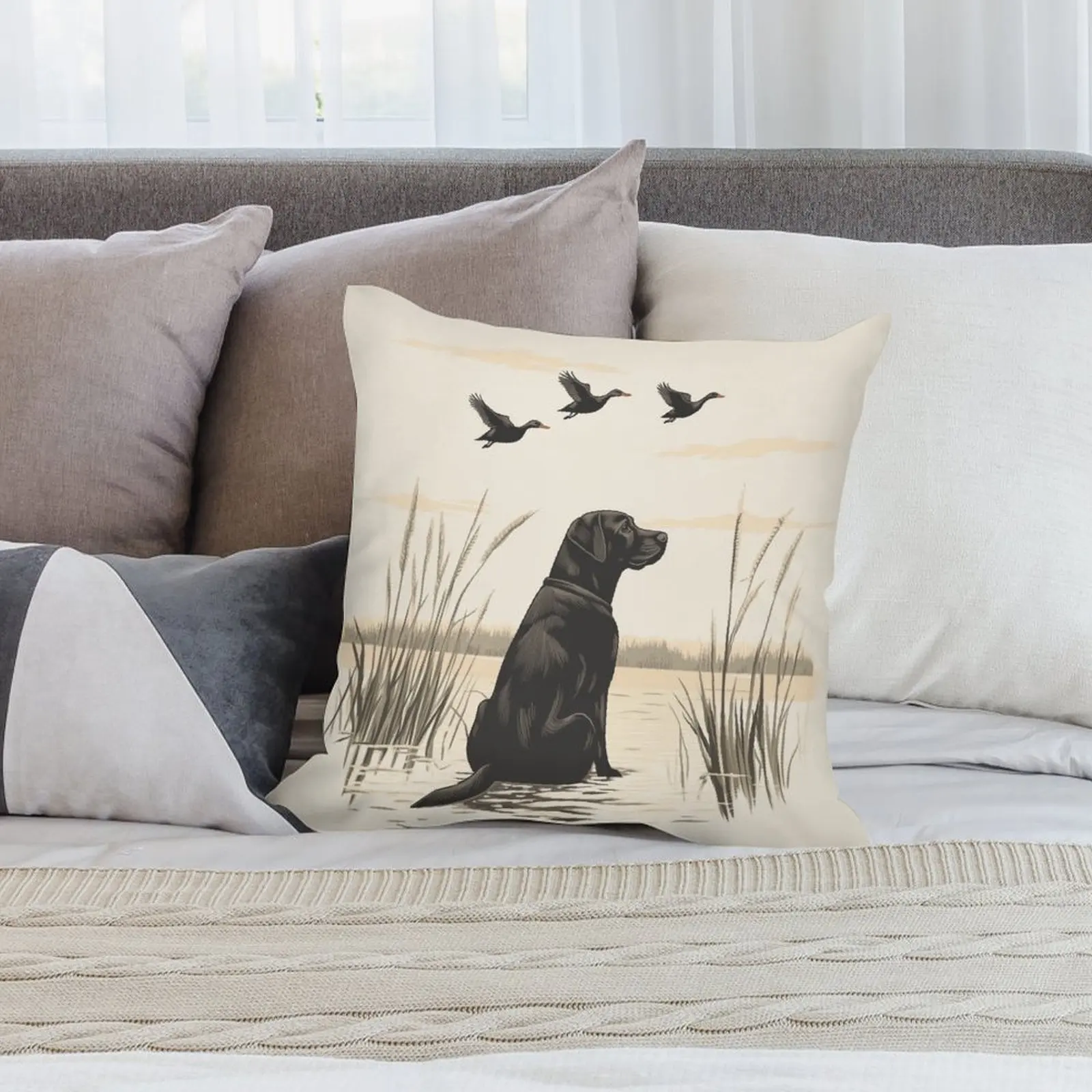 Ornate Black Labrador Dog Double-Sided Pillowcase, Artistic Pet Portrait Cushion Cover with Zipper, Washable Decor Case