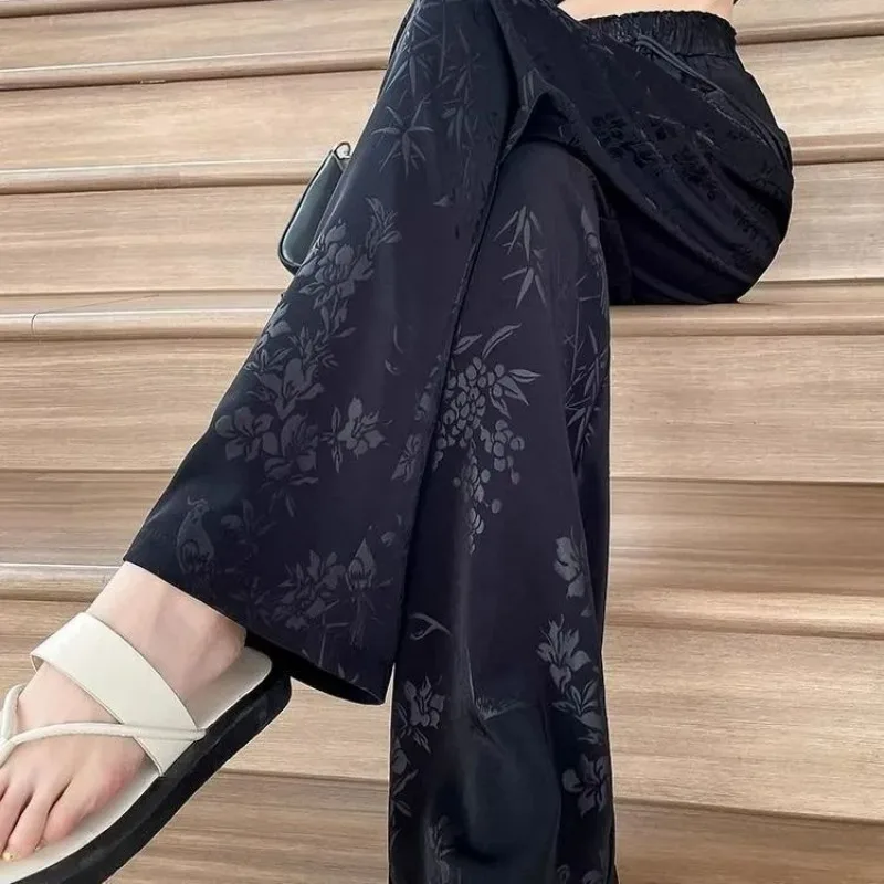 

Chubby Girl Large-sized Casual New Chinese-style Wide-leg Pants Women Summer Thin High-waisted Loose Flowing Jacquard Long Pants