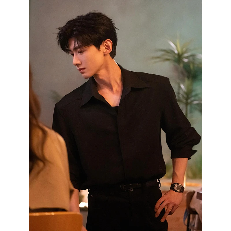 

Black Shirt Men's Suit Inner Cleanfit Vestal Style Shirt Jacket Standard Fit Long Sleeve Polyester Spring Youth Fashion