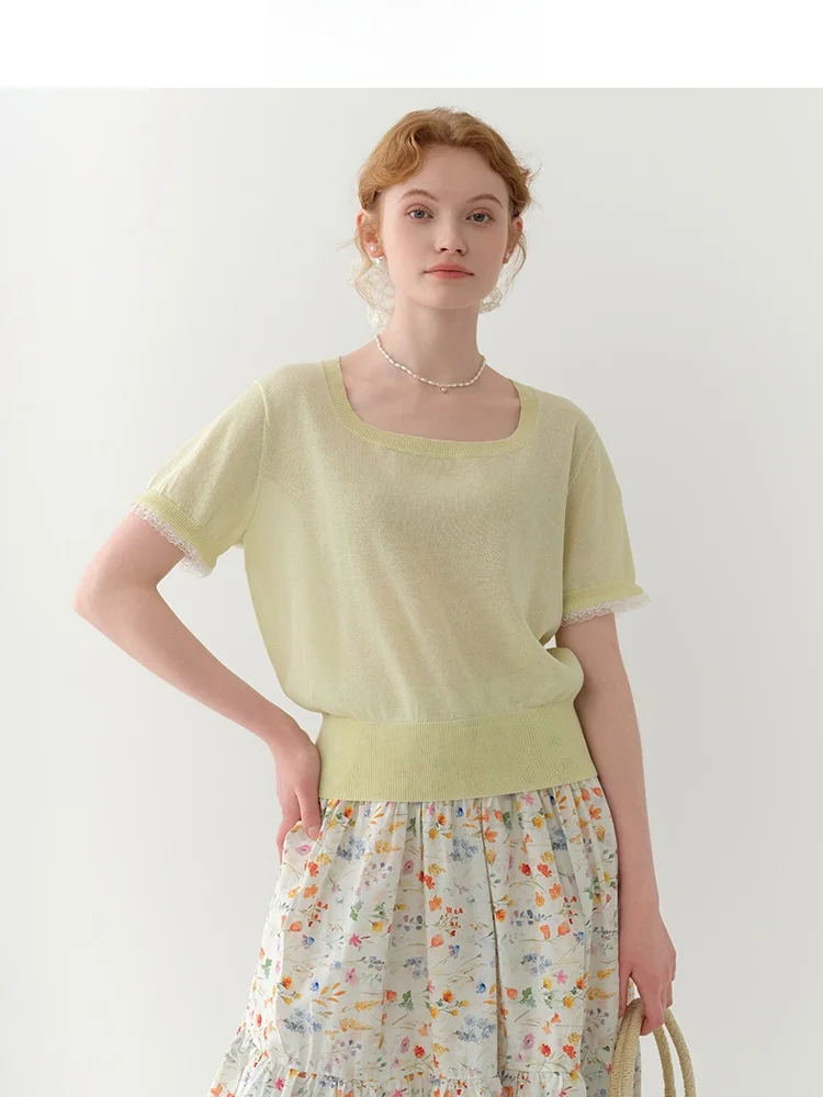 

Летний новый дизайн: женский вязаный свитер с квадратным вырезом и кружевными вставками, из полиэфирного волокна, стандартной длины.