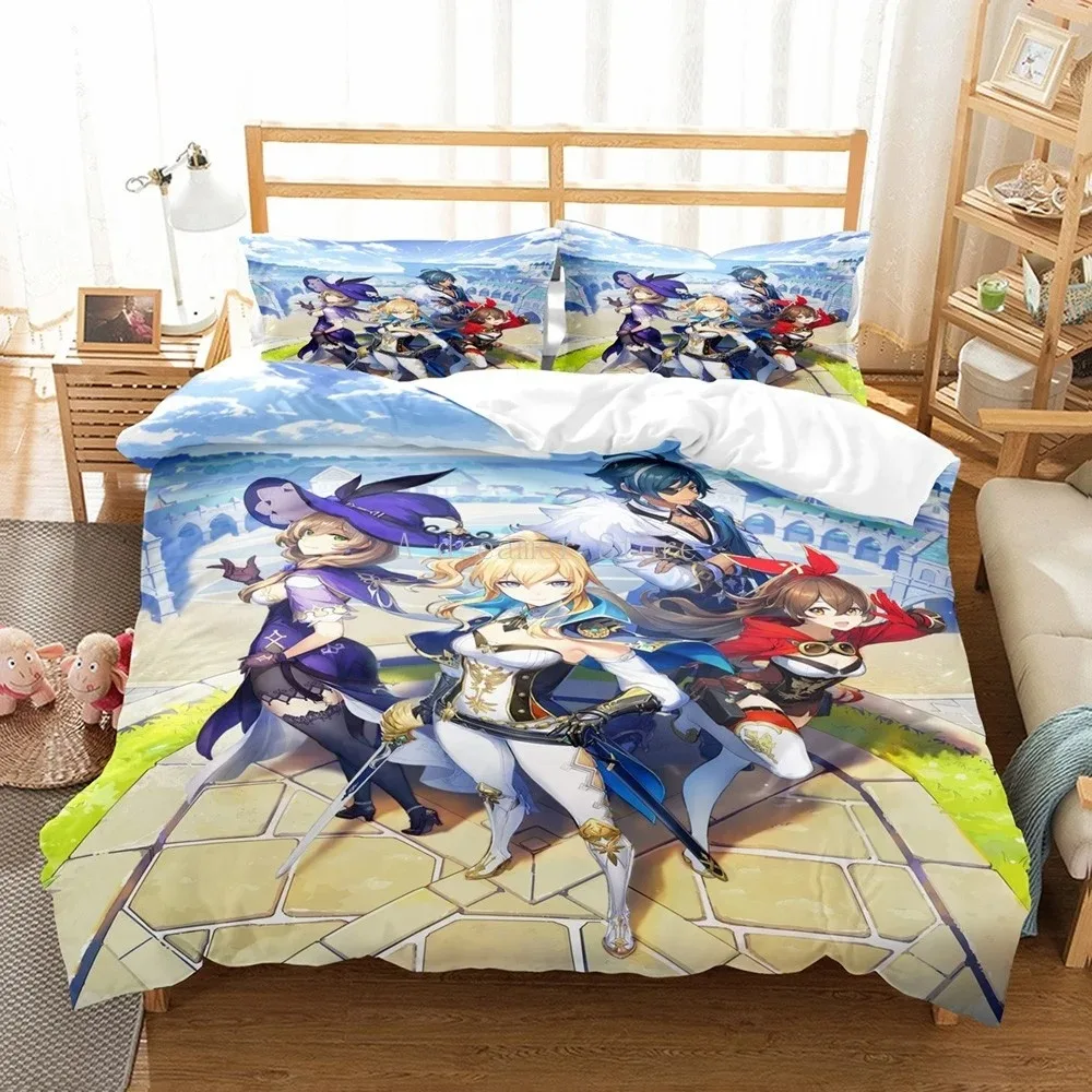 

Genshin Impact Bedding Set for Kids, Teens, Boys, Girls Duvet Cover with Pillowcase, Microfiber Bedclothes, Cartoon Bed Linen