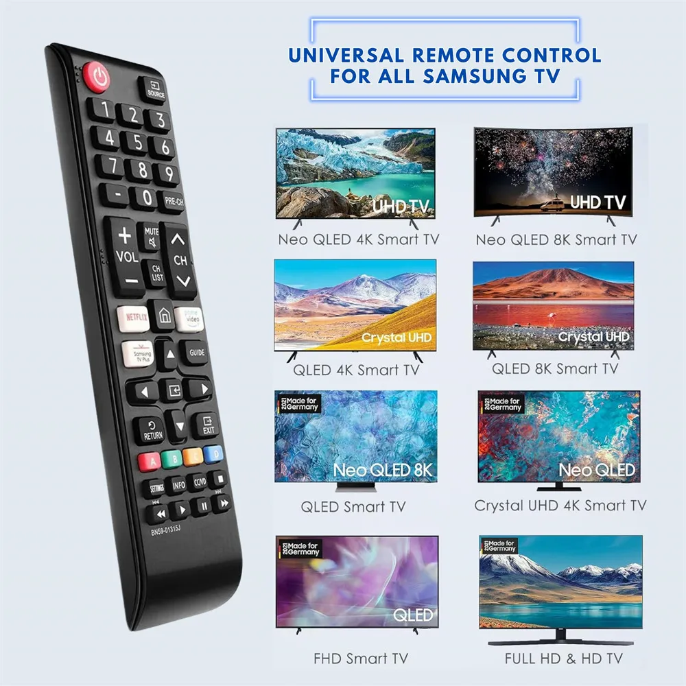 Universal Remote Control Replacement BN59-01315J for Samsung Smart TV for LED LCD QLED 4K 8K UHD 3D HDTV HDR Curved Crystal TVs