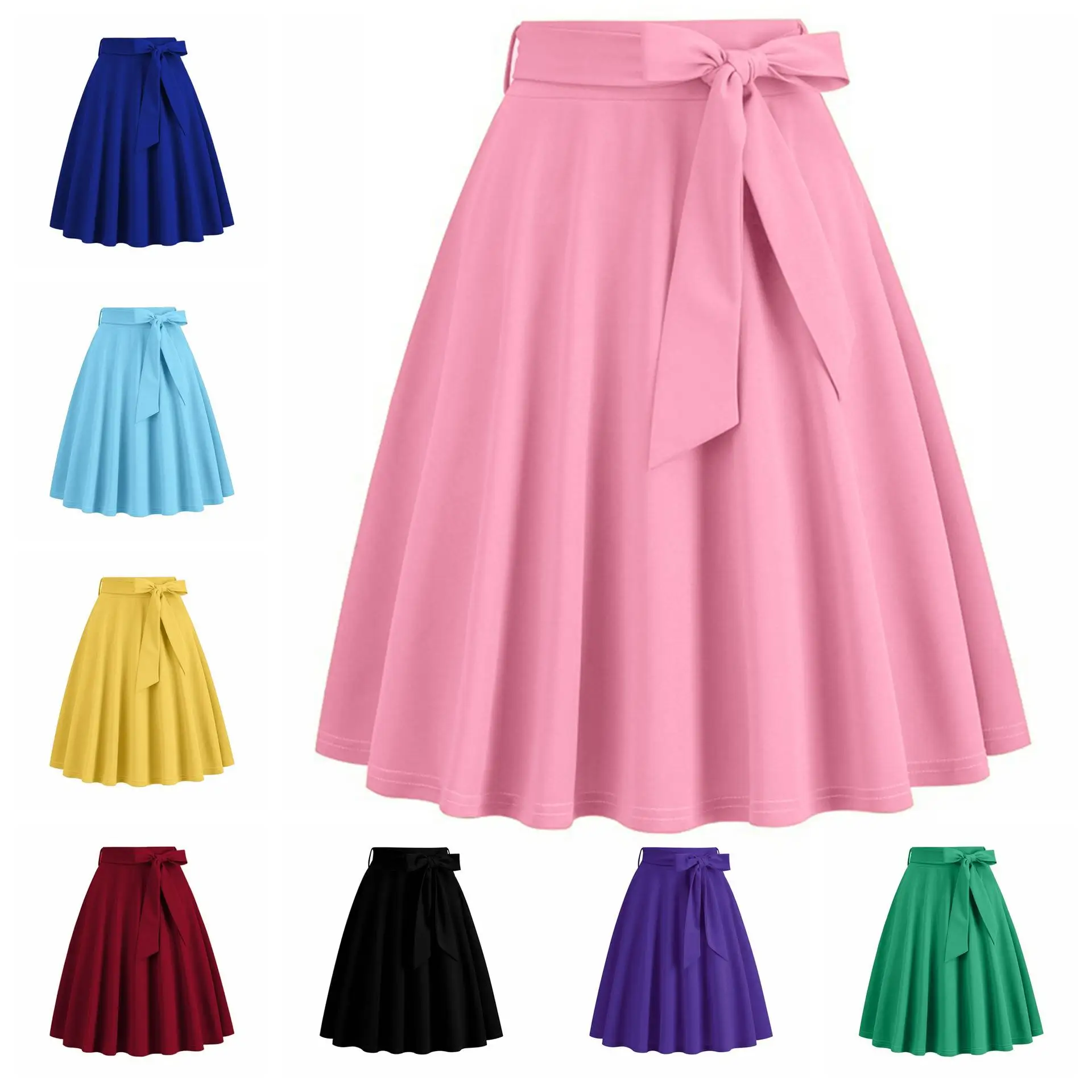 

l Color Belt Waist Cinching Women's Midi Skirt Simple Sle Polyester Fiber Busin Casual Batwing ape Skirt
