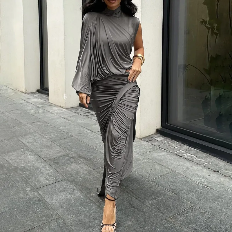 

Осенний комплект из 2 предметов с рюшами, женская водолазка на одно плечо, топы с длинными рукавами + ленты, облегающие макси-юбки, повседневные костюмы