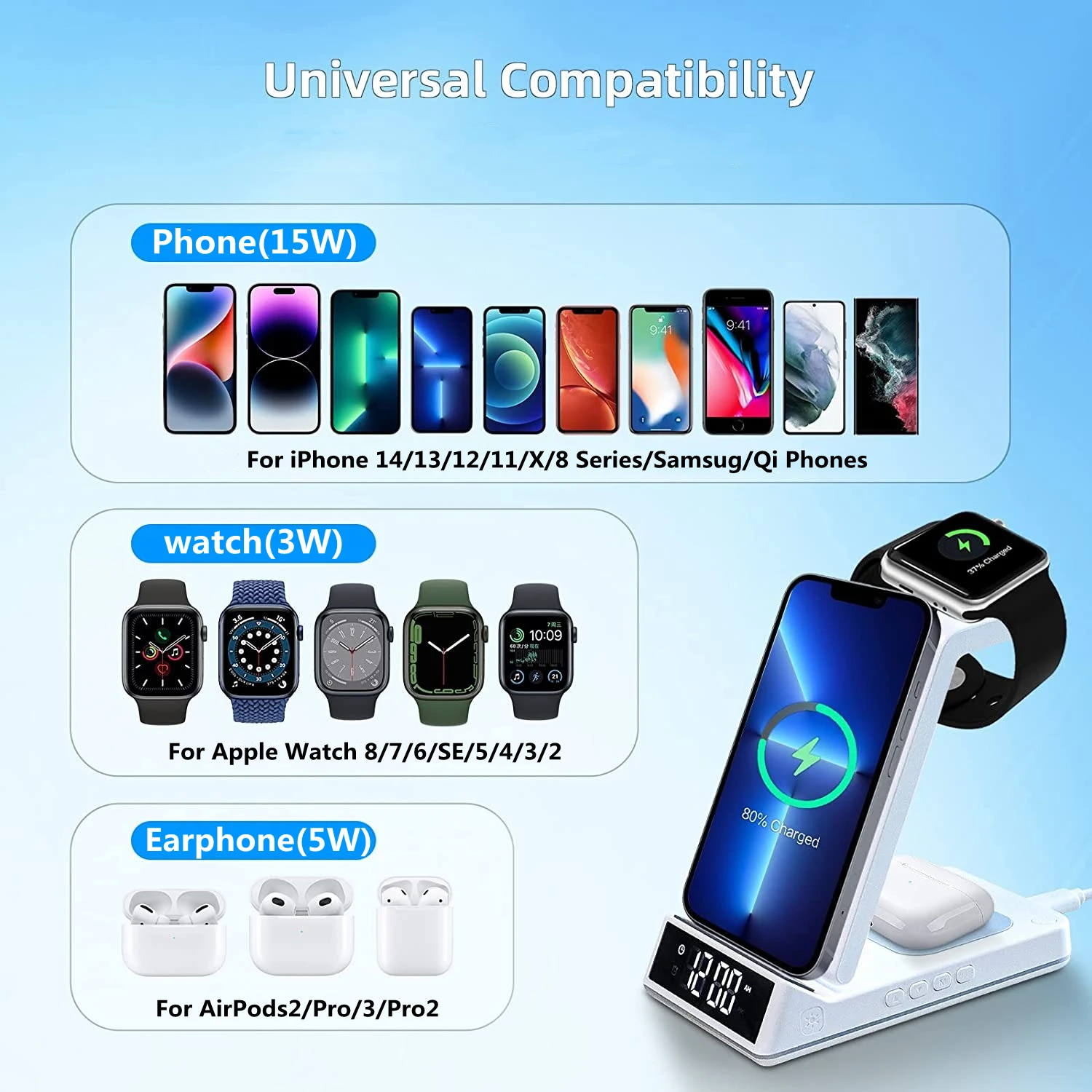 Wireless Charger 3 in 1 15W Qi Faster Charging Station With Lamp/Clock For iPhone 14 Plus 13 12 11 Pro Max X iWatch 8 7 AirPods