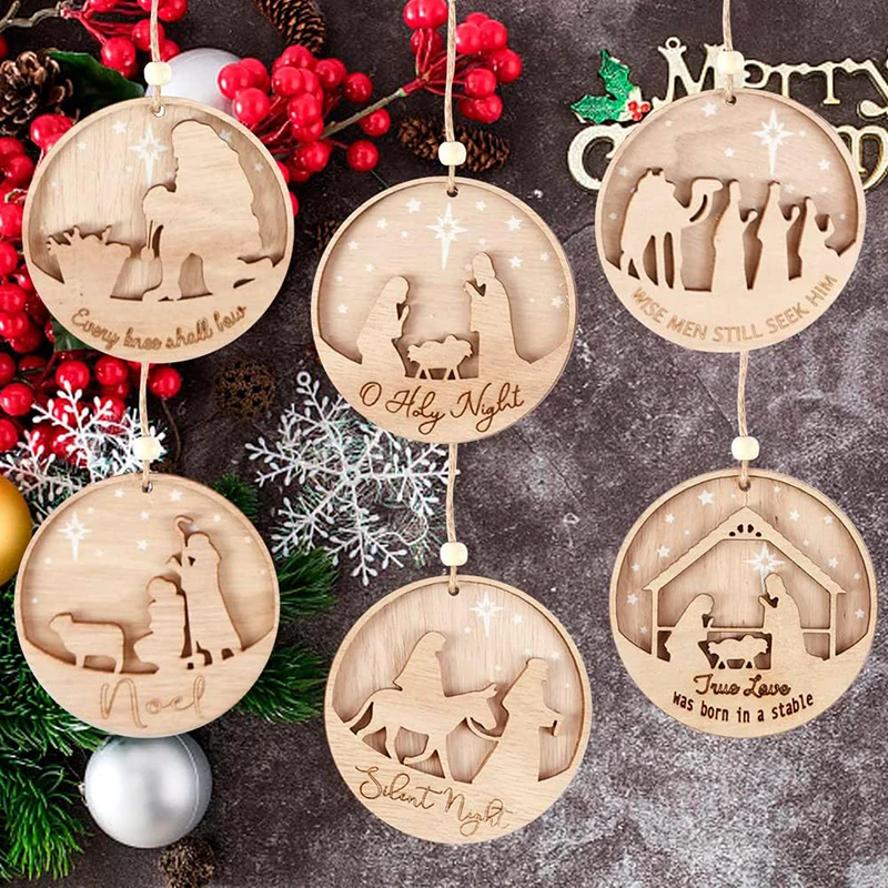 6 Pieces Christian Christmas Ornaments Wooden Ornament Hanging Ornament Round Shape Nativity Decoration Keepsake For Christmas