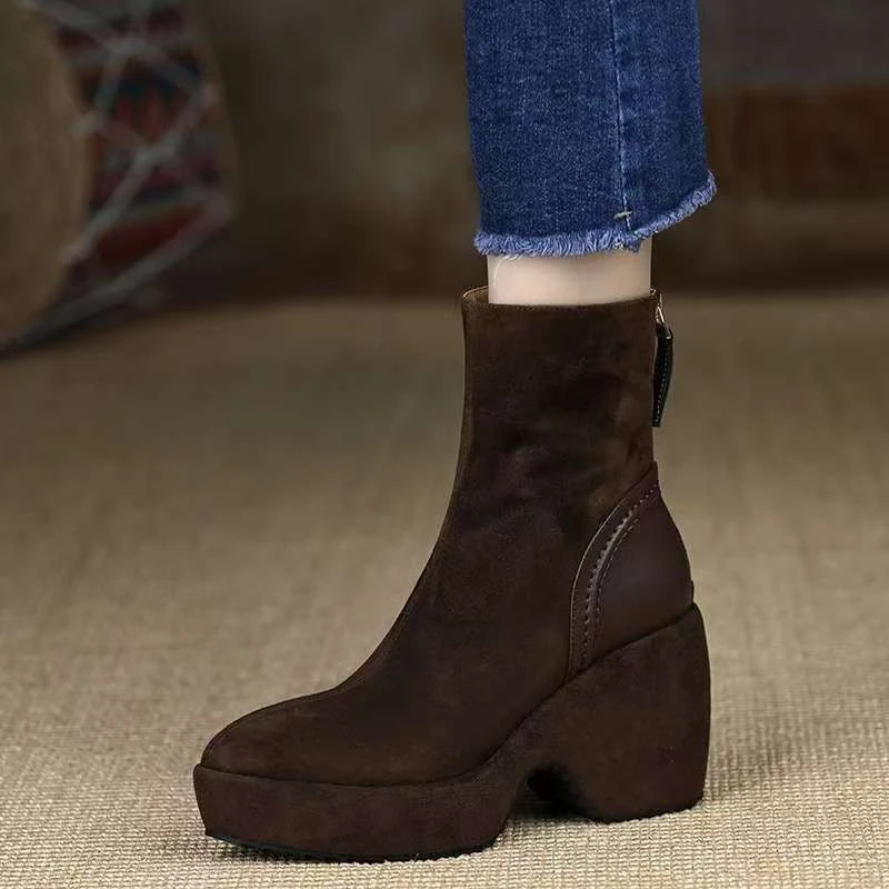 

Luxury Brand Women's Ankle Boots Platform Shoes High Heels Short Boots 2025 Winter Elegant Chunky Shoes Suede Snow Botas Mujer