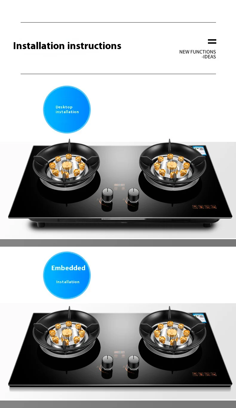 Easy to Clean Auto Ignition Gas Stove 5.2kw 2 Burners Tempered Glass Built-in gas cooker for Indoor Cooking