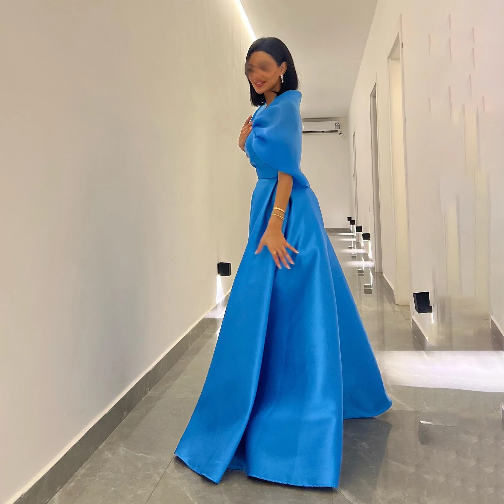 

OEING Square Collar Luxury Formal Evening Dresses Pleat Short Sleeves فساتين سهرة Floor Length Elegant Prom Gowns Party Women