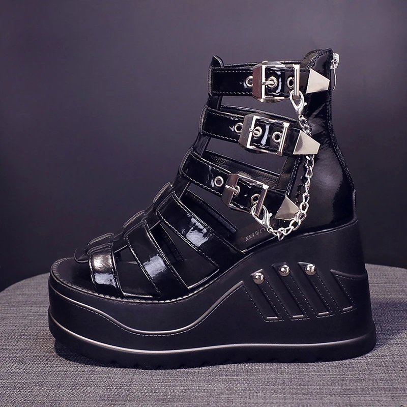 Ladies Sandals 2022 Summer Fashion Wedge Heels High Heels Gothic Punk Platform Shoes Ladies Comfortable Zipper One-Line Buckle